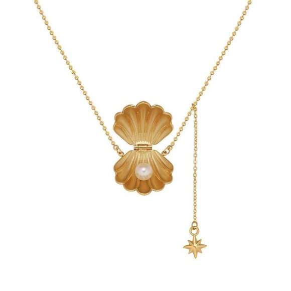 Gold Seashell Pearl Pendant Necklace Locket with Star Charm Ocean Jewelry Gift - Picture 1 of 6